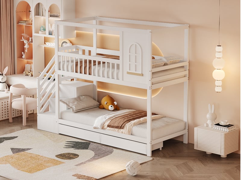  Lit superposé enfant 90x200 cm forme maison avec fenêtres, tiroirs et échelle de sécurité bois blanc sans matelas  - Conforama E