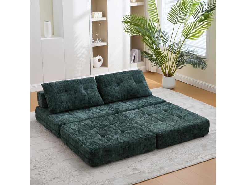  Canapé droit convertible 1 place en tissu vert foncé, avec coussins tête et lombaires pour petits espaces  - Conforama E