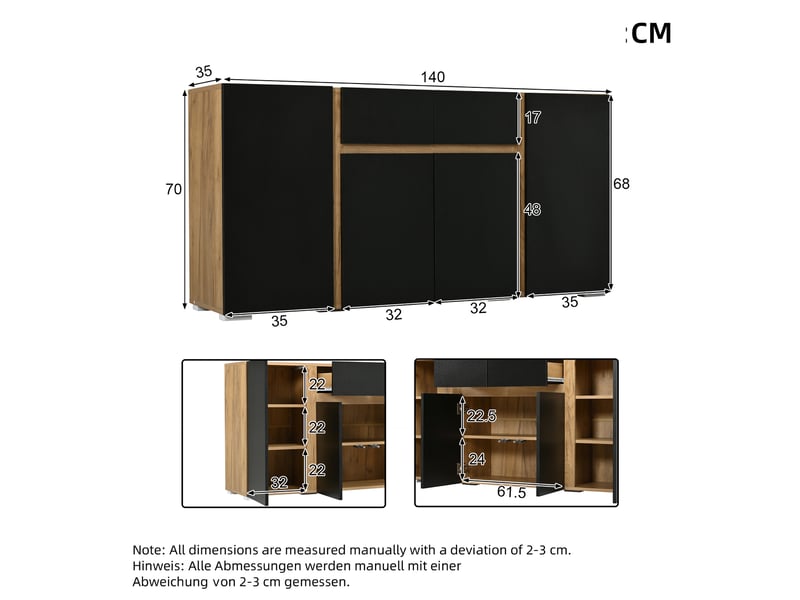  Buffet 140 x 35 x 70 cm, 4 portes et 2 tiroirs, étagères réglables, mdf noir et effet bois naturel evarich - Conforama C