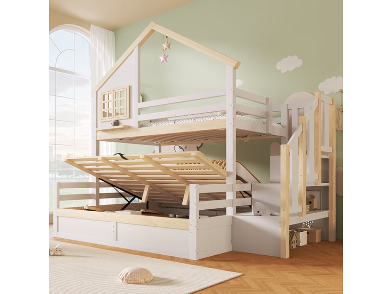 Lit superposé cabane enfant 90x200140x200 cm, rangement hydraulique, escalier avec rangement, fenêtre, garde-corps haut, bois blanc et naturel Radiant Stride - Conforama B