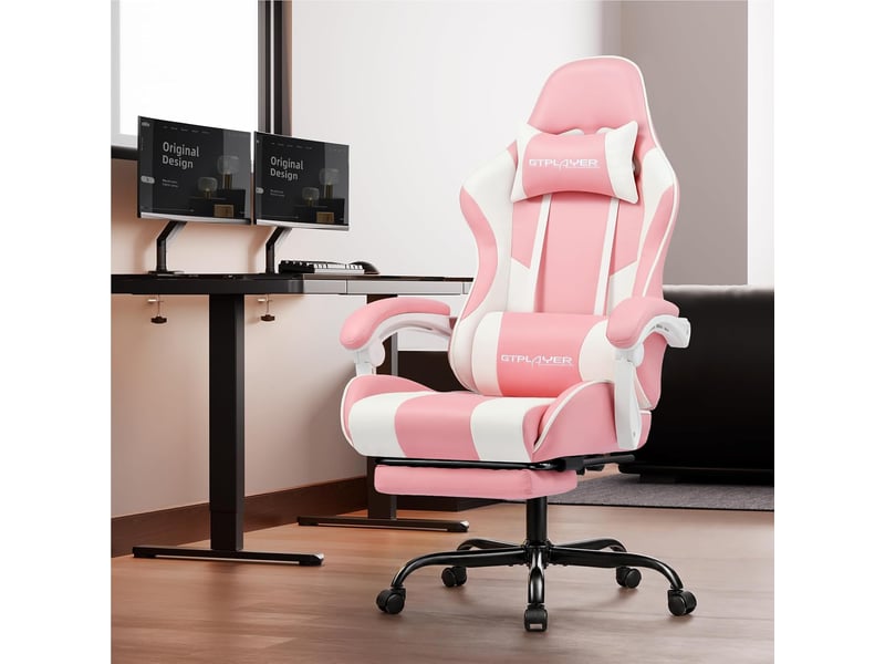  Gtplayer chaise de jeu ergonomique avec repose-pieds, réglable en hauteur - similicuir rose GT800A-PK - Conforama B