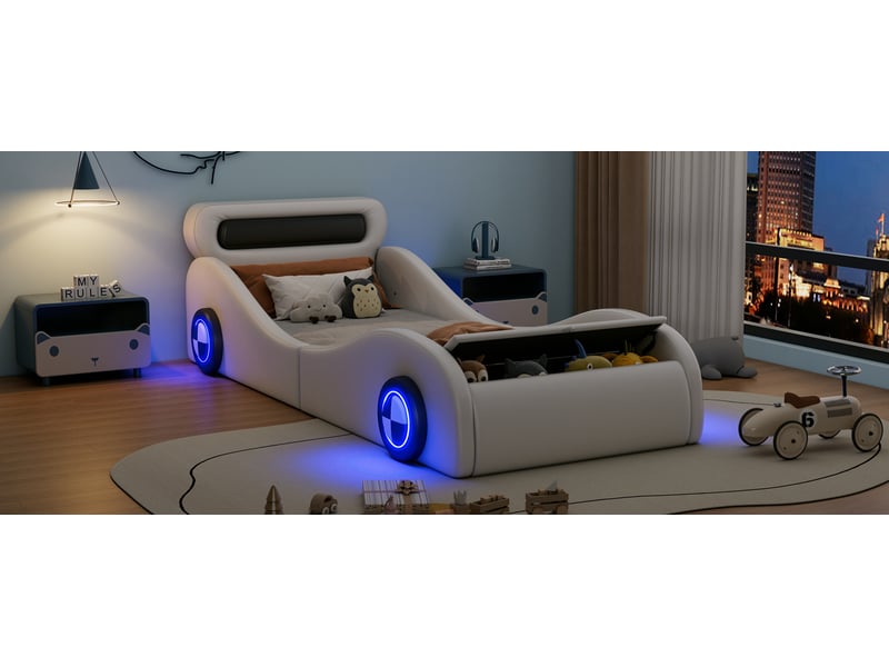  Lit enfant 90x200 cm design voiture blanc pu avec roues lumineuses led contrôle app et rangement sans matelas Sol Morn - Conforama B