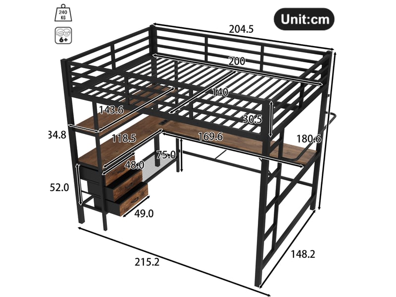 Lit mezzanine 140 x 200 cm, bureau, 3 tiroirs, éclairage led, prise usb, métal-mdf, avec télécommande, noir, sans matelas - Conforama C