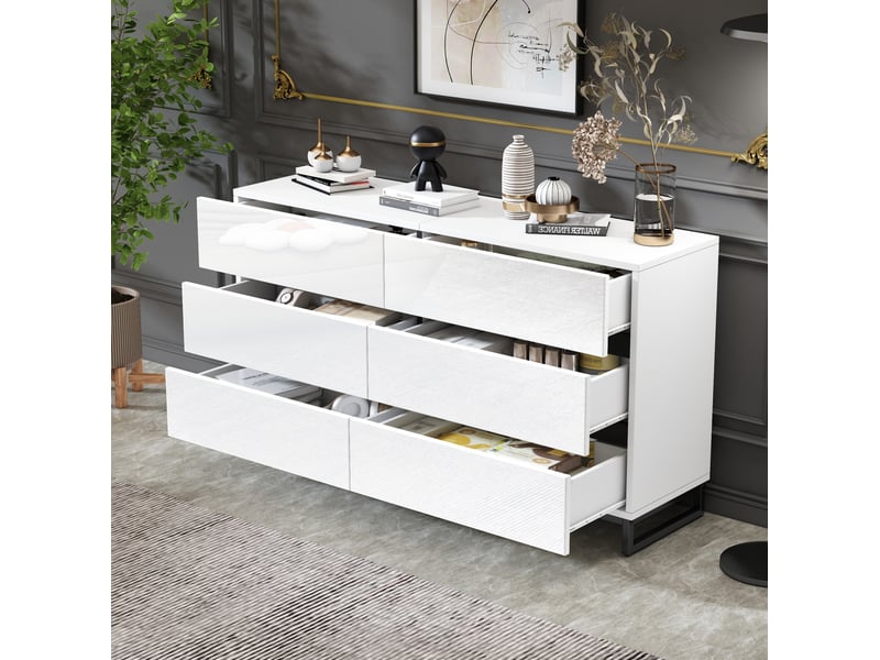  Commode bas 6 tiroirs 140 x 39,5 x 78,5 cm rangement optimal pieds métal symétrie 60kg panneau particules blanc et noir  - Conforama W