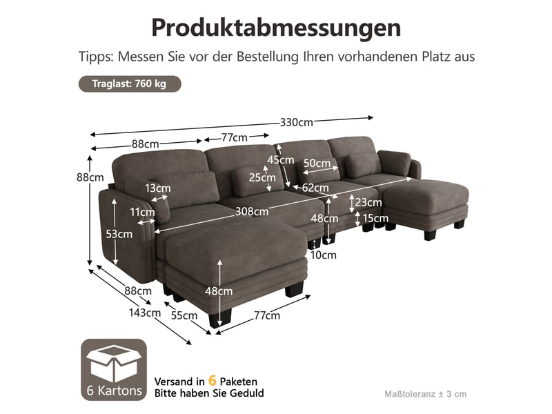  Canapé modulable en u 4 places 330x143x88 cm 2 poufs, assise large profonde, design ergonomique, chenille marron  - Conforama C