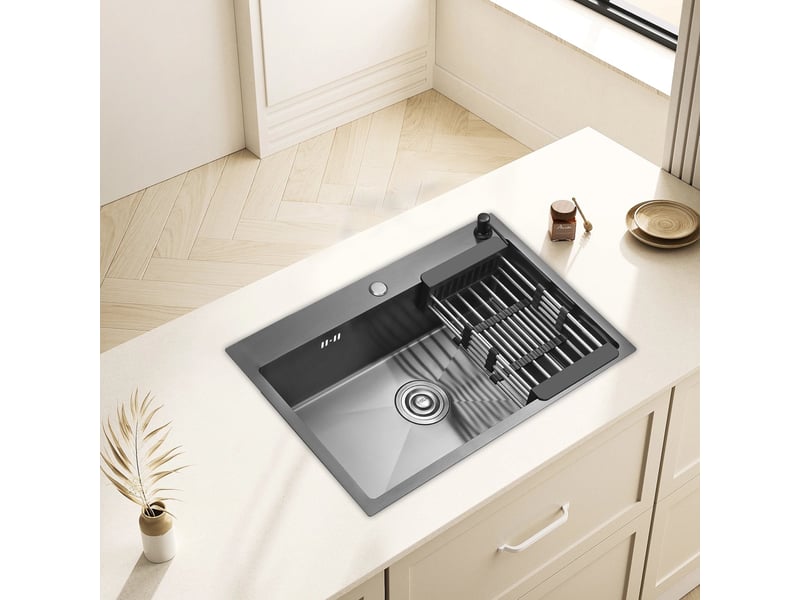  Cuisine evier simple en acier inoxydable 68x45x19 cm, avec panier d'égouttage télescopique, distributeur de savon en acier inoxydable, noir  - Conforama B