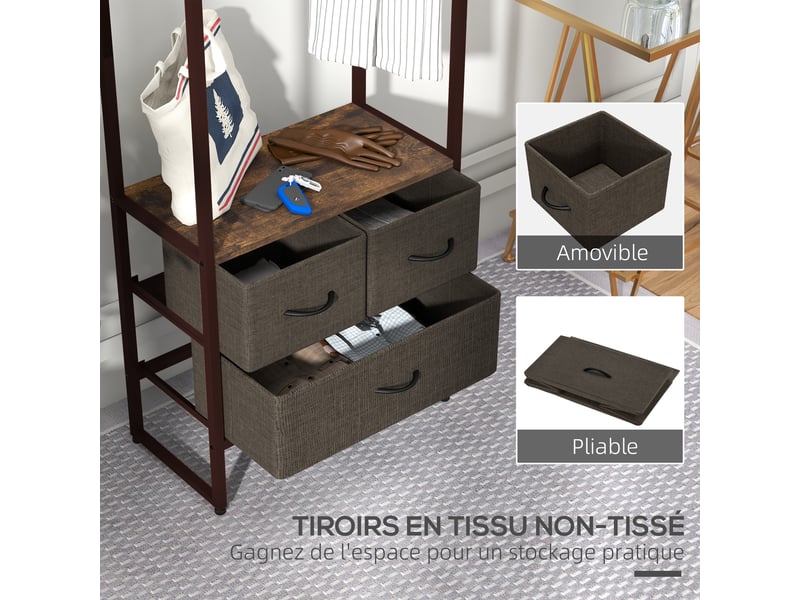  Portant à vêtements avec 3 tiroirs en tissu, 58,5 x 30 x 178 cm, étagères de rangement et tringle de suspension, marron  - Conforama E