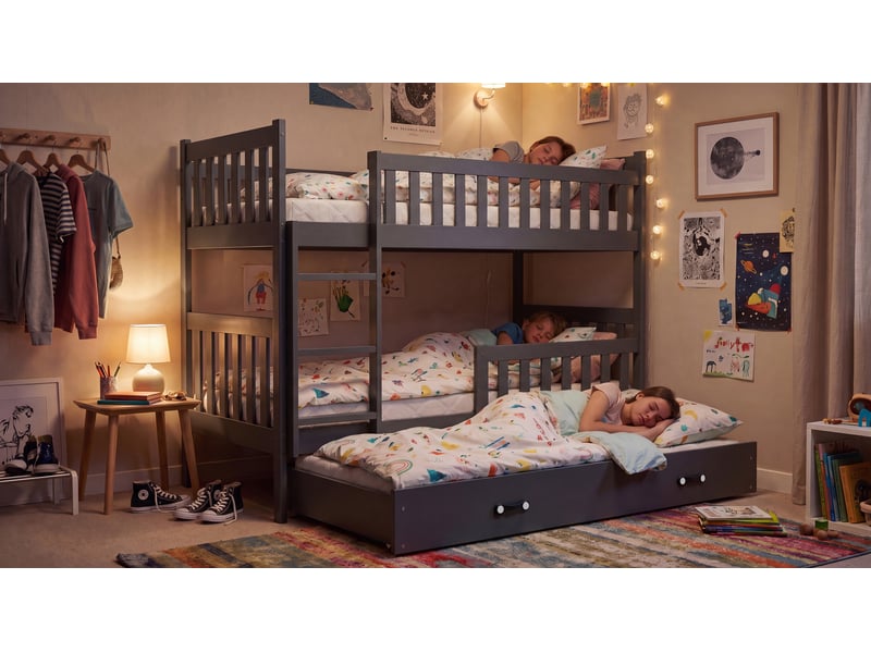  Lit superposé 3 places quba 90x200 cm + lit tiroir 80x190 cm interbeds - bois massif de pin - gris  - Conforama R