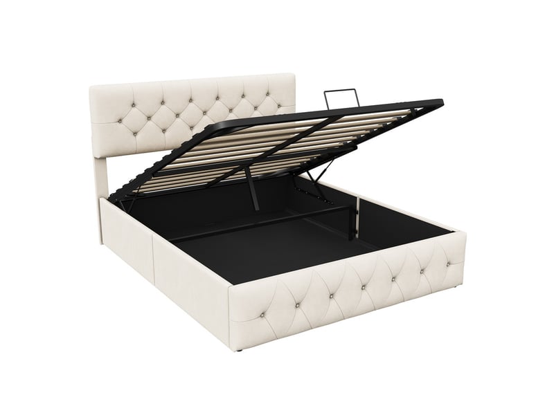  Lit coffre 2 places 140x200 cm, lit adulte avec rangement, tête de lit réglable, velours beige  - Conforama E