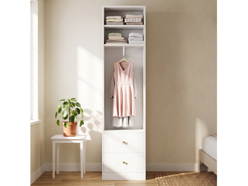  Armoire avec 2 tiroirs, 2 étagères et penderie, en mdf et acier, blanche, pour chambre, 50 × 30 × 200 cm  - Conforama C