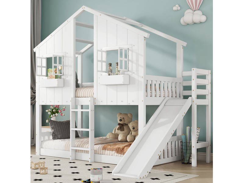 Lit superposé enfant 90x200 cm avec toboggan, toit et fenêtres en pin et mdf - Conforama B