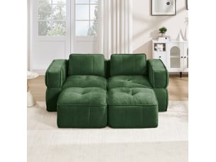 Canapé modulable 2 places 198x162x67 cm, 2 poufs, mousse 32d, assise profonde, polyester, vert