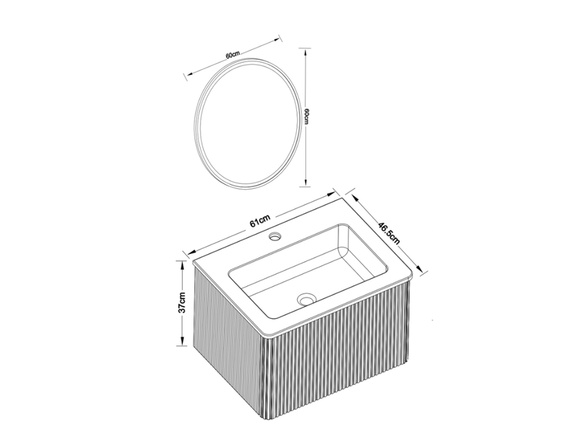  Meuble sous vasque suspendu avec 1 tiroir, vasque intégrée et miroir rond led, salle de bain, blanc, rainuré  - Conforama D
