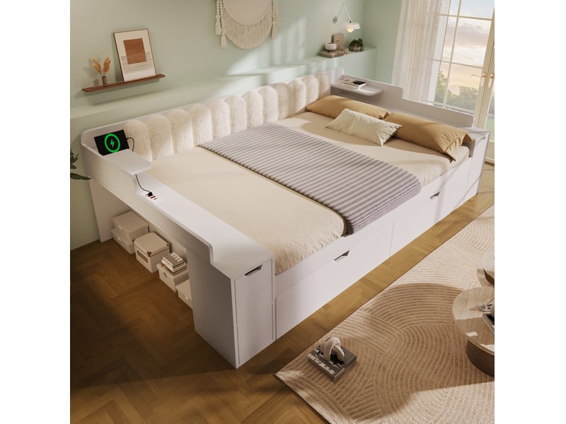  Lit gigogne 140x190 cm blanc avec rangement, charge usb et type-c  - Conforama E