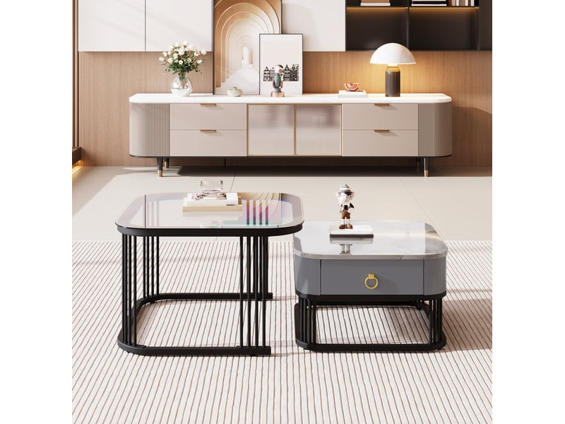  Table basse modulaire avec 2 tiroirs, plateau effet marbre et verre, structure gigogne, en mdf noir, pour salon  - Conforama B