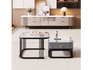Table basse modulaire avec 2 tiroirs, plateau effet marbre et verre, structure gigogne, en mdf noir, pour salon