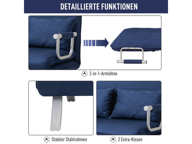  Canapé convertible, canapé-lit, 2 places, en velours, bleu, dossier réglable, finition capitonnée, chambre, pour salon  - Conforama E