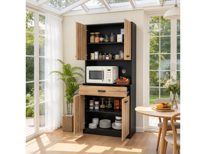 Meuble de cuisine muvano, buffet haut de cuisine 4 portes et 1 tiroir, noir et effet bois, 80 × 40 × 180 cm - Conforama D