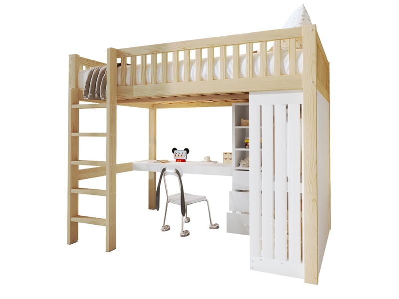  Lit mezzanine double en bois 140x200 cm avec bureau, armoire, 3 tiroirs, rangements ouverts, escalier et garde-corps, pin et mdf, naturel  - Conforama A