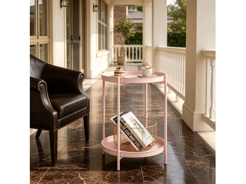  Bout de canapé rond 44x44x53 cm avec 2 plateaux amovibles en métal rose  - Conforama C