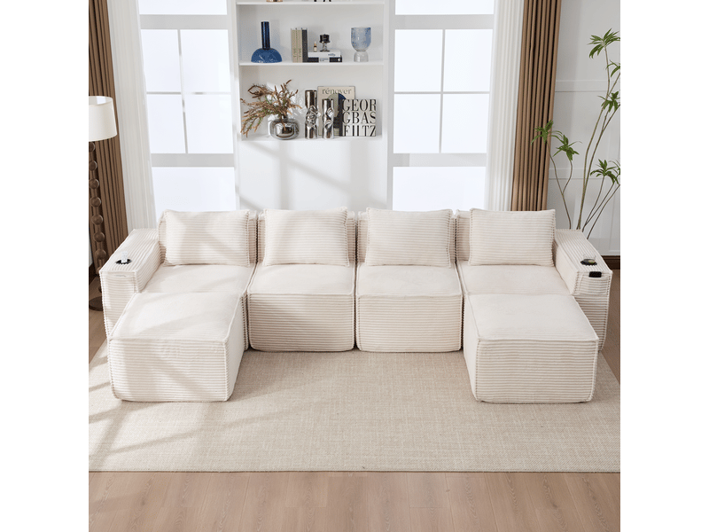 Canapé modulaire 4 places en velours côtelé beige avec 2 poufs, ressorts et mousse haute densité, rangement et porte-gobelets - Conforama E