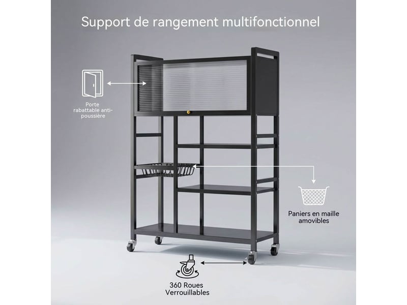  Rangement cuisine mobile 5 niveaux noir avec porte translucide et roulettes avec frein  - Conforama B