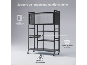 Rangement cuisine mobile 5 niveaux noir avec porte translucide et roulettes avec frein
