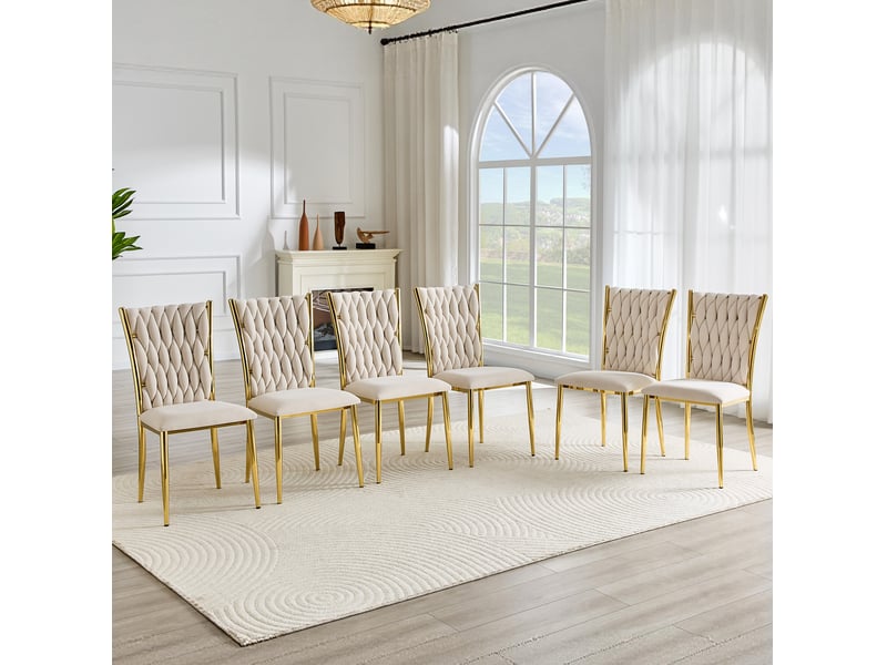  Chaise de salle à manger en velours beige à dossier tressé et pieds en métal doré  - Conforama D