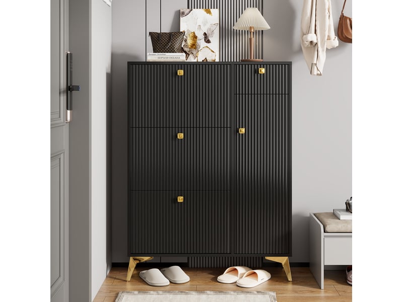  Meuble à chaussures noir à 3 abattants, 1 tiroir et 1 porte, 90x25x121 cm  - Conforama D