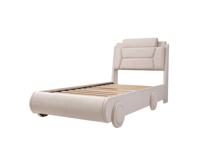 Lit enfant voiture 90x200 cm blanc crème, flanelle, tête réglable, roues led - Conforama D