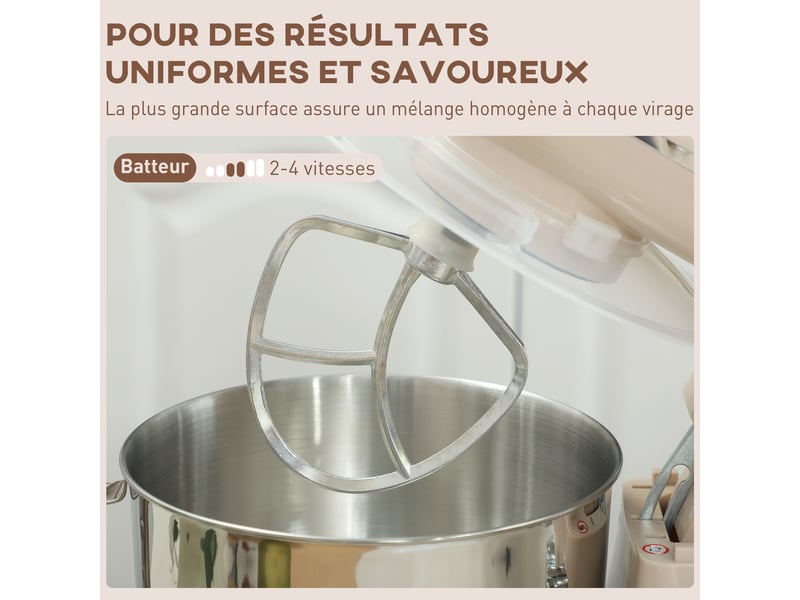  Robot pâtissier 1300 w, robot pétrin professionnel 4,5 l, bol d'acier inoxydable, 6+p vitesses et pulse, beige  - Conforama R