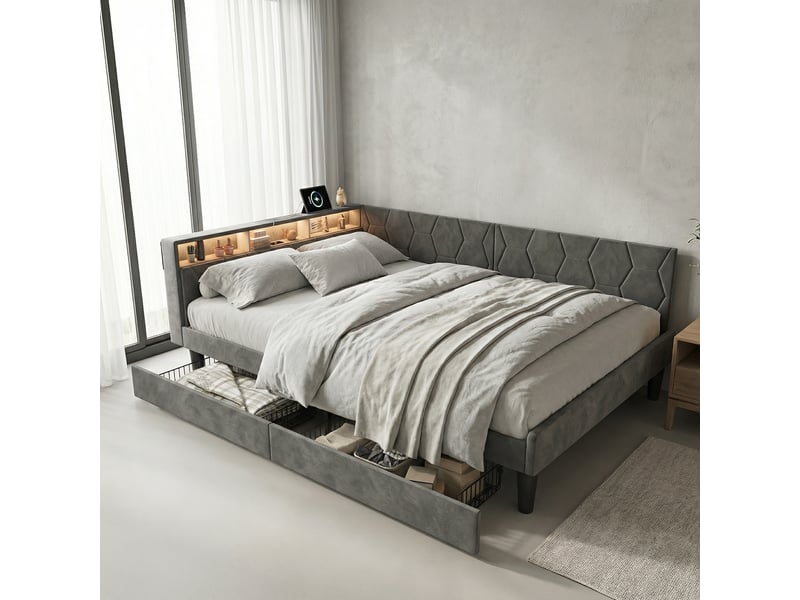  Lit avec 2 tiroirs 140x200, lit double adulte rembourré avec éclairage led et ports usbtype-c, tête de lit avec rangement, velours, moderne, gris  - Conforama B
