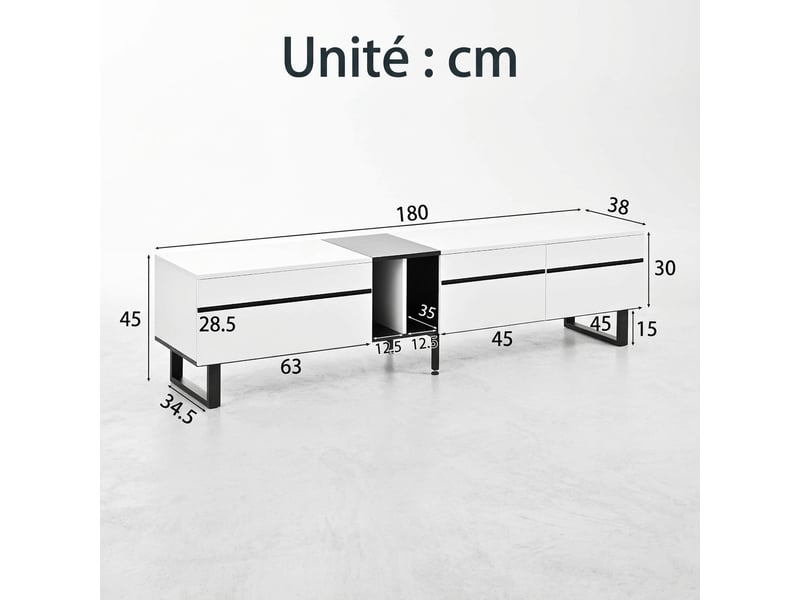  Meuble tv blanc 180 cm avec rangements et portes abattantes, design minimaliste  - Conforama C
