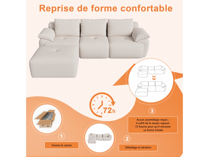 Canapé d'angle en l à compression avec 3 dossiers, aucun assemblage requis, beige - Conforama E