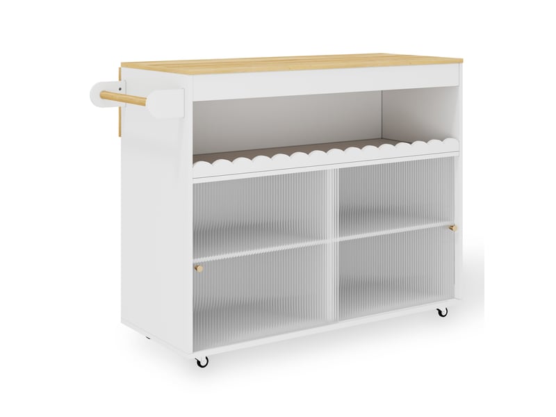 Desserte de cuisine 122 x 46 à 69 x 91 cm, blanc et naturel, mdf, plateau rabattable et portes coulissantes - Conforama D