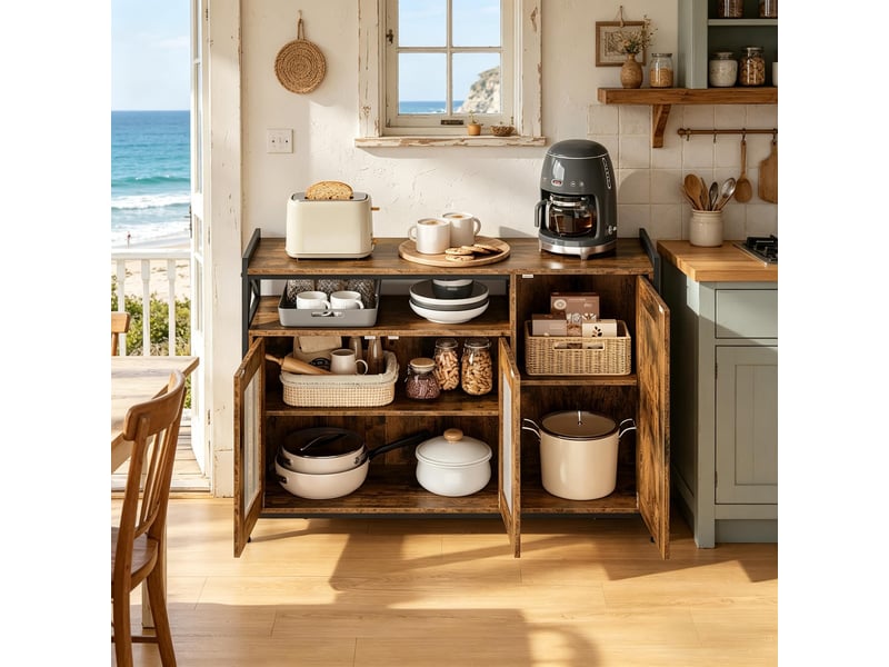  Buffet avec 2 portes, niche ouverte et étagères réglables pour cuisine 110×33×75 cm brun rustique  - Conforama B