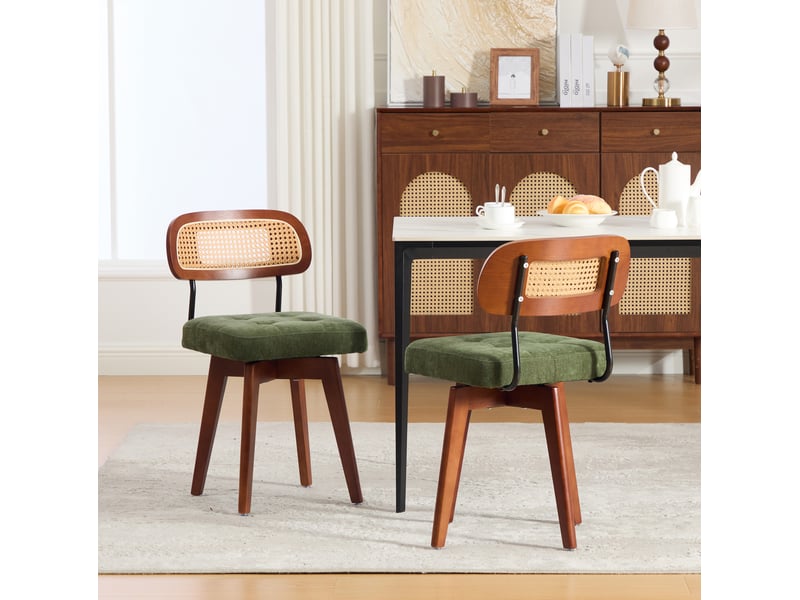  Lot de 2 chaises pivotantes 43 x 50 x 77 cm – vert – dossier rotin tressé et assise chenille  - Conforama B