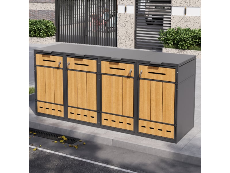 Cache-poubelles extérieur 4 bacs 120 à 240 l en acier gris et effet bois, couvercle relevable, portes avant, ventilé - Conforama B