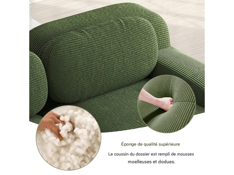 Canapé modulable 2 places 208 x 103 x 75 cm, mousse 32d, sans montage, accoudoirs courbés, base antidérapante, velours côtelé vert Sol Morn - Conforama E