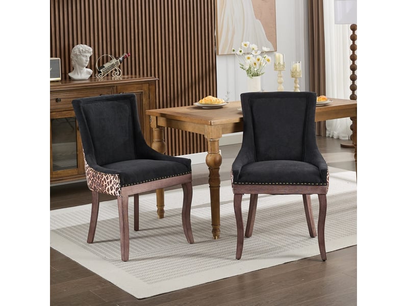 Lot de 2 chaises de salle à manger en chenille léopard, dossier haut, pieds en bois, 61 x 55 x 92,5 cm - Conforama D