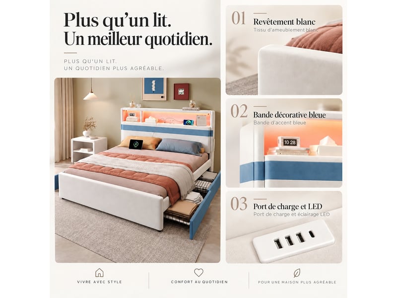  Lit rembourré enfant 140x200 cm avec 4 tiroirs, led, ports usb, poches latérales et tête de lit à rangement, blanc et bleu  - Conforama E