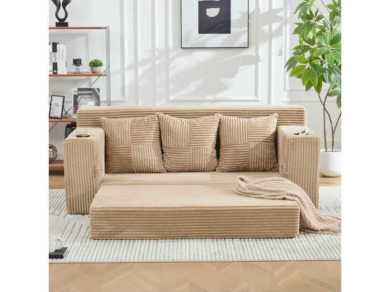  Canapé trois places avec porte-gobelets et poches latérales, design sans cadre, larges assises - kaki  - Conforama D