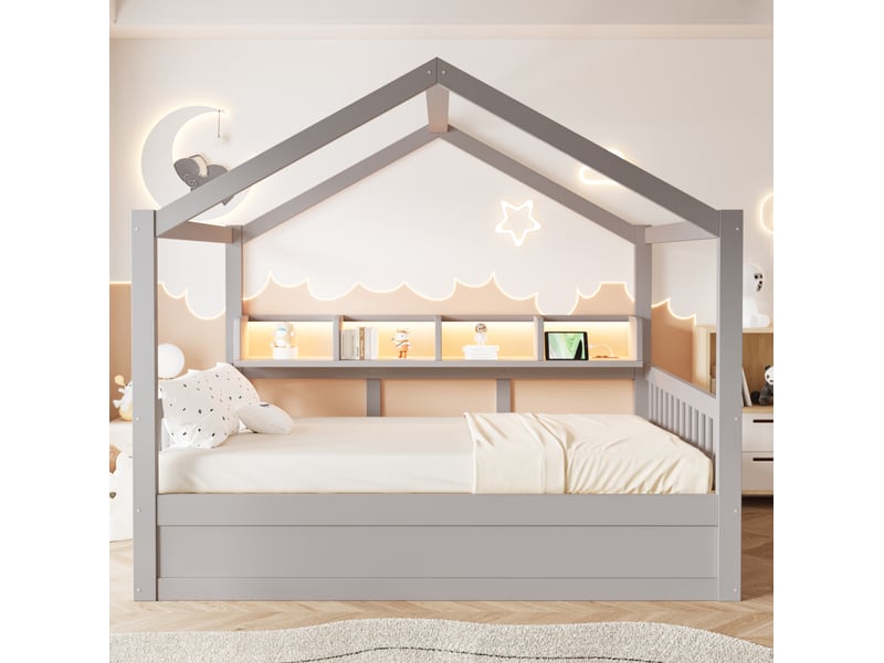  Lit cabane 140x200 cm, coffre hydraulique, barrières, rangements, led, prises, bois et mdf, gris, sans matelas  - Conforama E