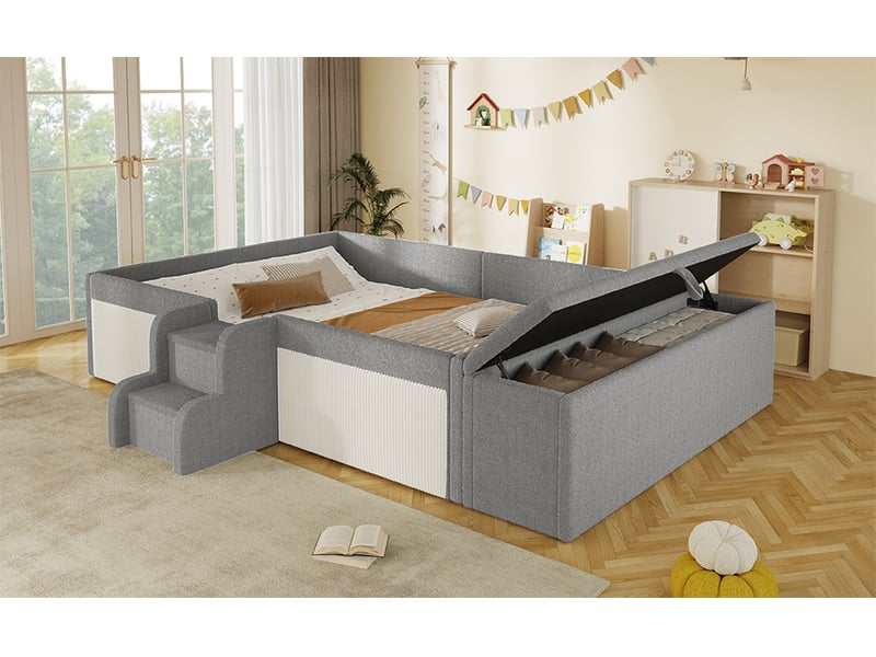 Lit enfant 140 x 190 cm, banc coffre mobile, escalier 2 marches, contours rembourrés, sommier à lattes inclus, revêtement bouclé, gris et blanc Luxe haut de gamme - Conforama W