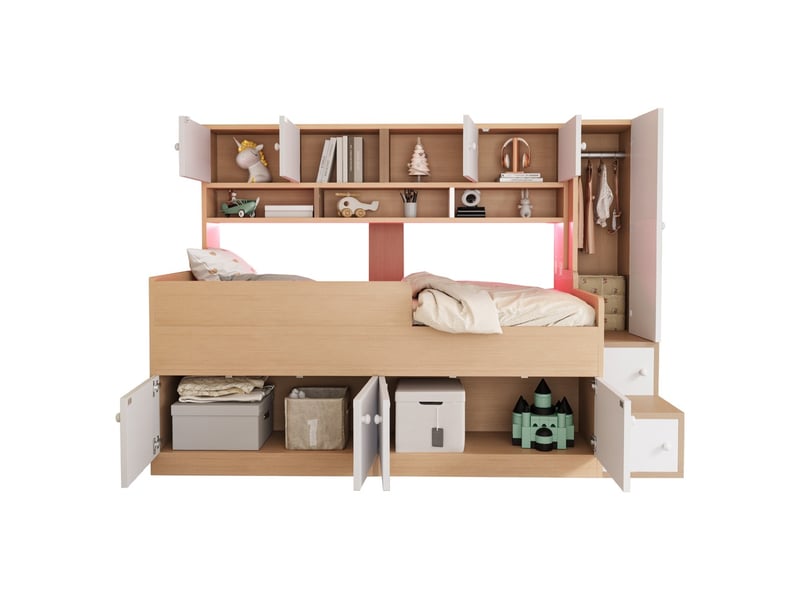  Lit combiné enfant bois 90×200 cm rangement étagères armoire échelle led barrières sécurité bois  - Conforama A