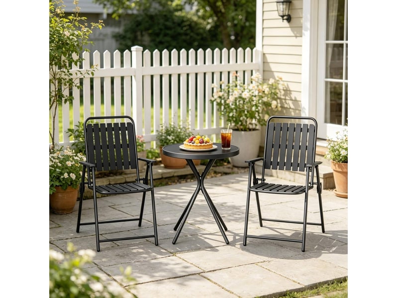 Salon de jardin 3 pièces noir en métal et verre, table pliante et 2 fauteuils pliants pour extérieur - Conforama B