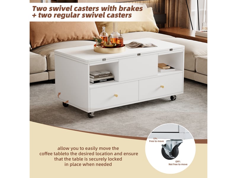  Table basse, à plateau relevable, avec 4 tiroirs, 100 x 50 x h 47,5–62 cm, blanc, structure en mdf, style moderne, plateau pliant, roulettes Luxe haut de gamme - Conforama E