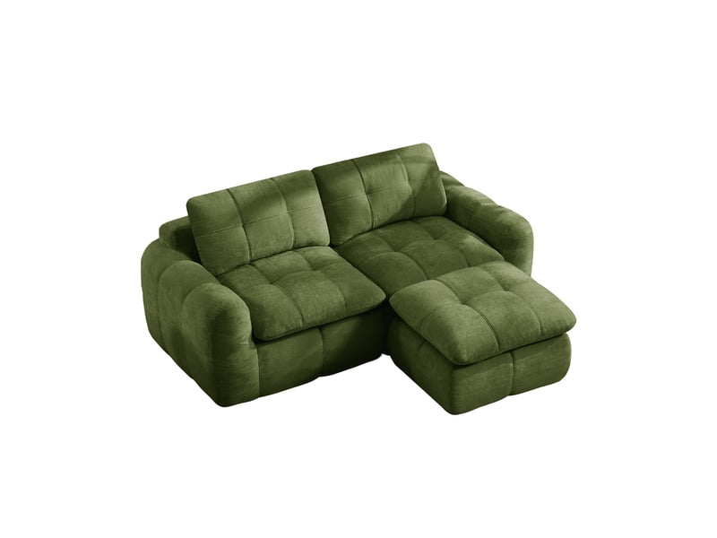 Canapé d'angle en l 2 places sans cadre, conception modulaire, base antidérapante, housse chenille verte, sans montage, 1 pouf - Conforama A