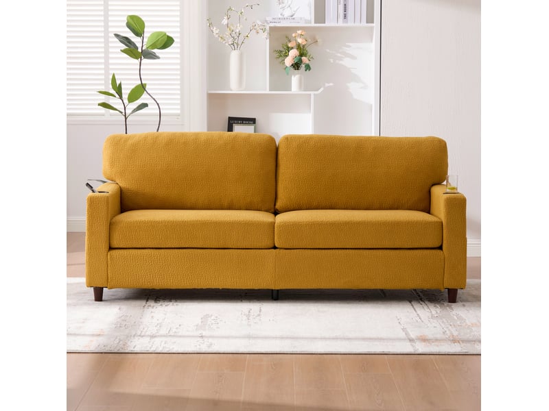  Canapé droit fixe 2 places en tissu jaune moutarde avec led, usb-c et porte-gobelets, idéal pour le salon  - Conforama E