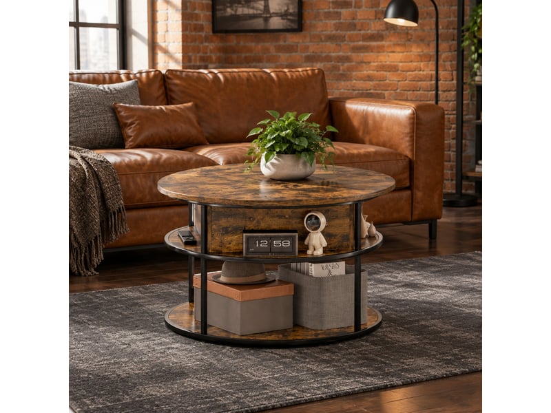  Table basse ronde relevable avec rangement - lpospi - mécanisme acier, plateau levant, bois marron  - Conforama C